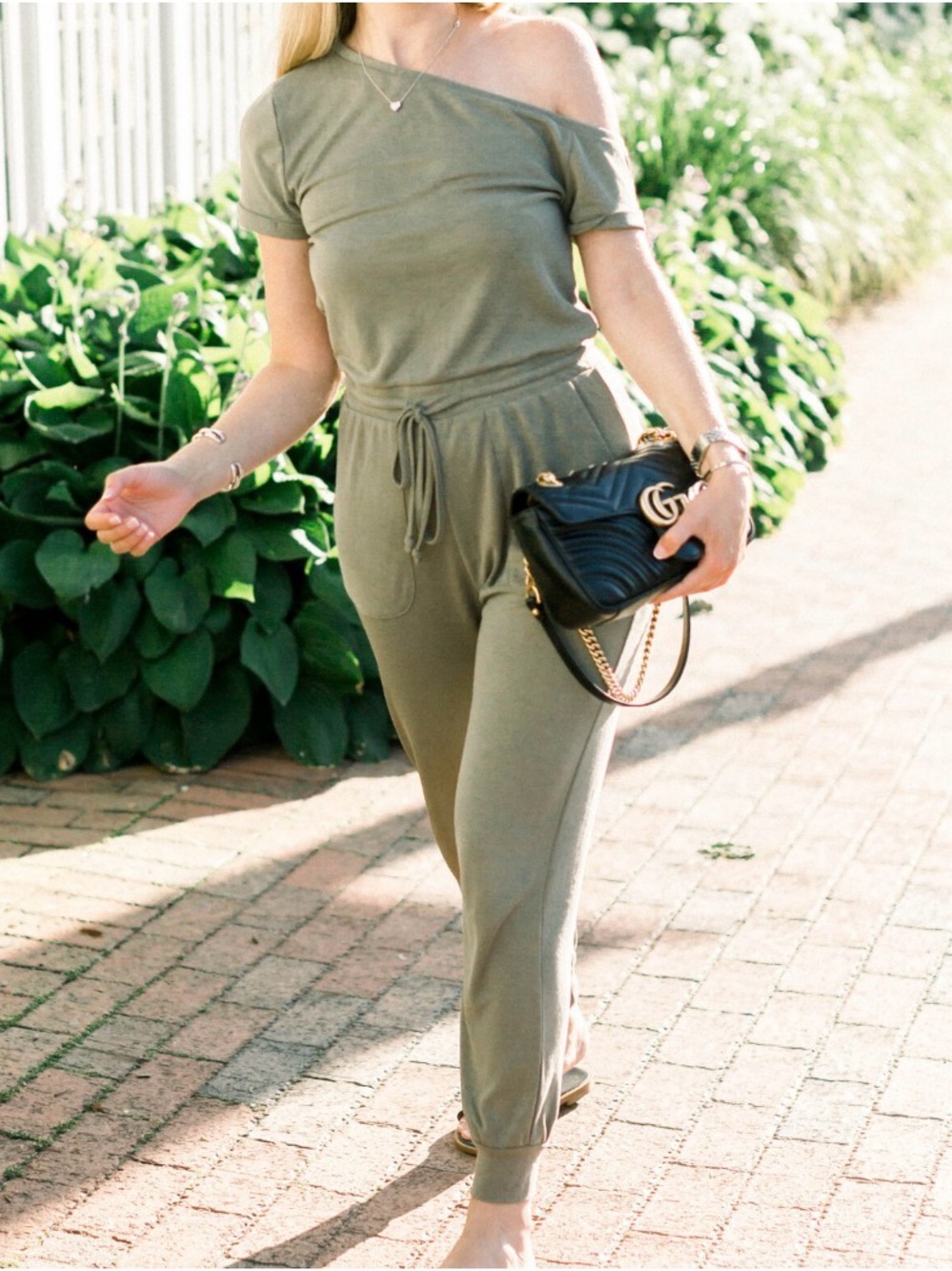 Heartloom Olive One-Shoulder Drawstring Jumpsuit